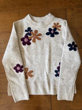 CeCe Cream Floral Crewneck Sweater with Multicolor Blooms